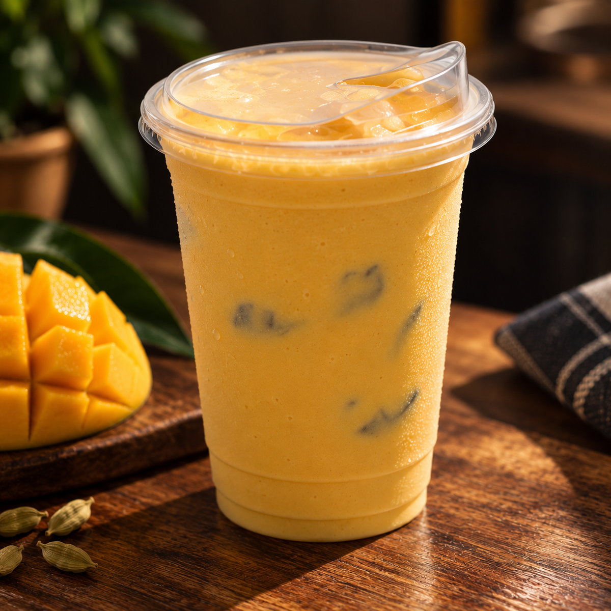 A clear plastic cup filled with a bright yellow mango iced drink, topped with a clear lid and straw, set on a wooden table with diced mango and green leaves in the background.