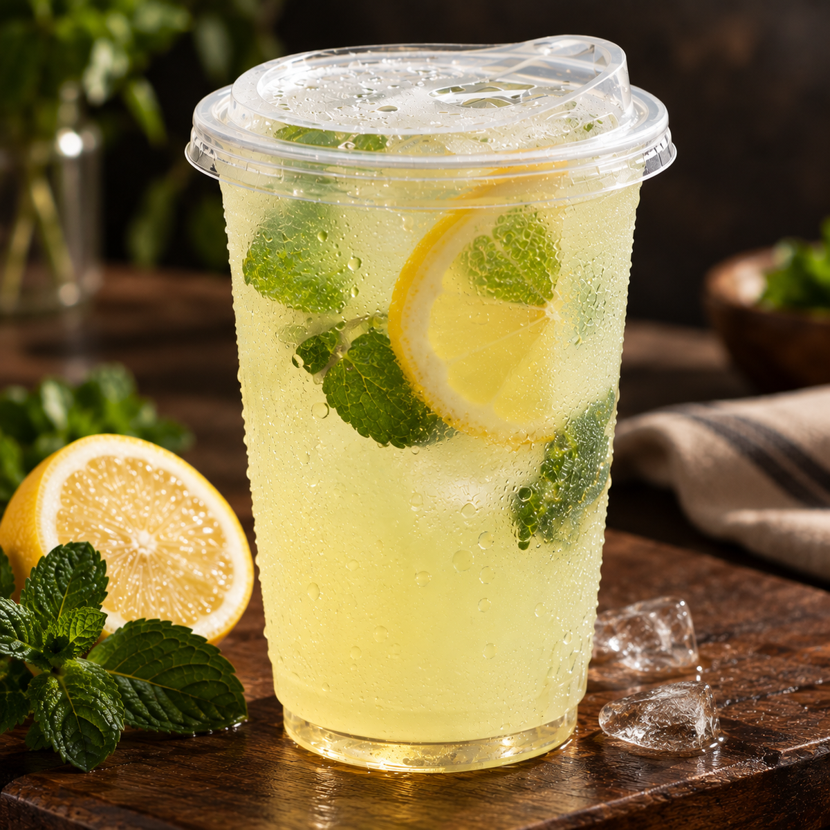 A clear plastic takeaway cup filled with a light yellow iced beverage, garnished with a lemon slice and mint leaves, set on a rustic wooden table with additional lemon and mint around it.