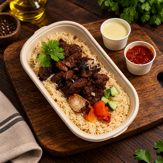 A plated meal of rice topped with cooked meat, garnished with parsley, cucumber, and roasted vegetables, served on a wooden board with small side cups of sauce.