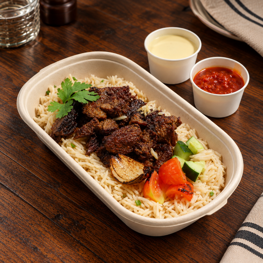 A prepared rice dish served in a beige paper tray on a dark wooden table, with grilled meat on top, garnish, cucumber, tomato, and two small side cups of sauce.