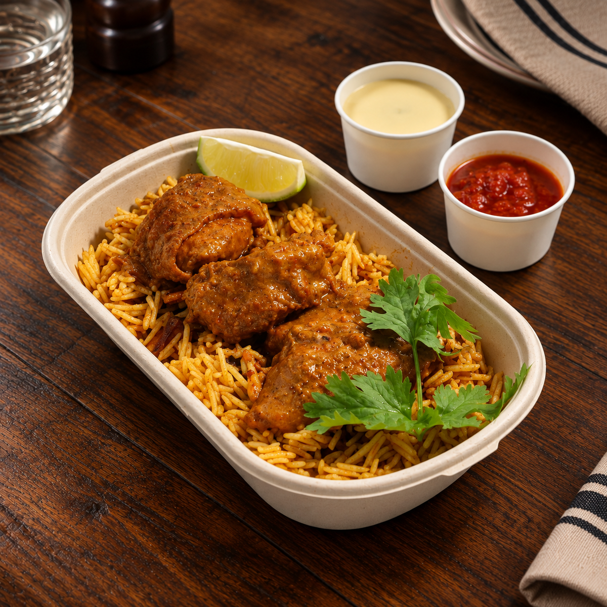 A prepared food meal in a white biodegradable tray on a dark wooden table, featuring chicken on yellow rice with a lime wedge and green herb garnish. Two small cups of sauce are placed behind the tray.