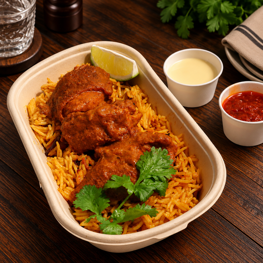 A plated meal in a beige paper food container on a dark wooden table, featuring orange-colored rice topped with browned chicken in a reddish-brown curry sauce, garnished with cilantro and a lime wedge. Two small white cups with sauces and a glass are visible nearby.