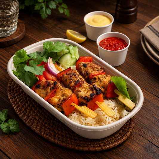 A prepared food dish in a white oval container on a woven placemat, served with rice, grilled skewers with red and yellow vegetables, cucumber, onion, cilantro, and lemon wedges. Two small white cups with sauces and a dark pepper grinder sit on a wooden table.