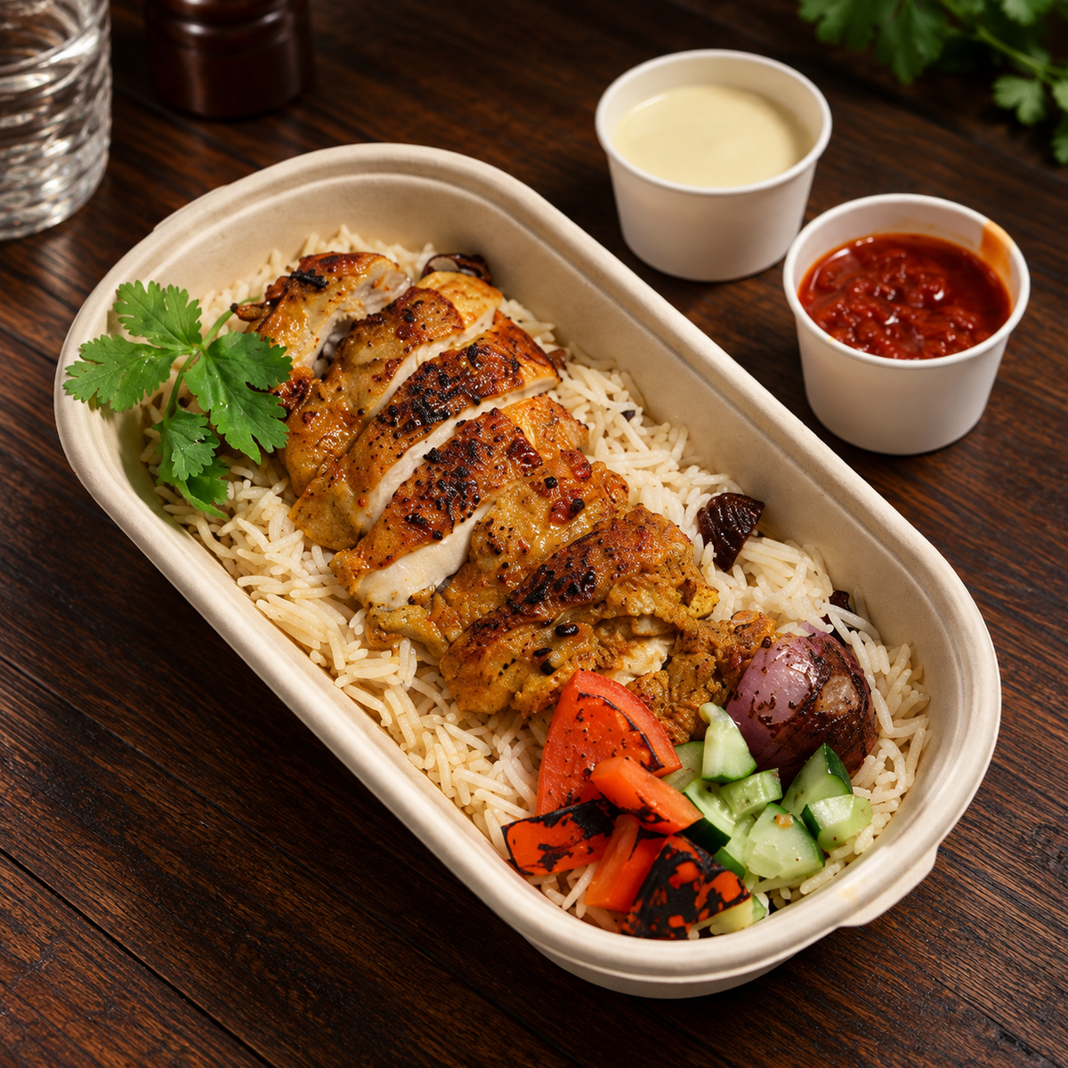 A prepared rice bowl with sliced grilled chicken, mixed vegetables, and two small dipping cups on a dark wooden table.